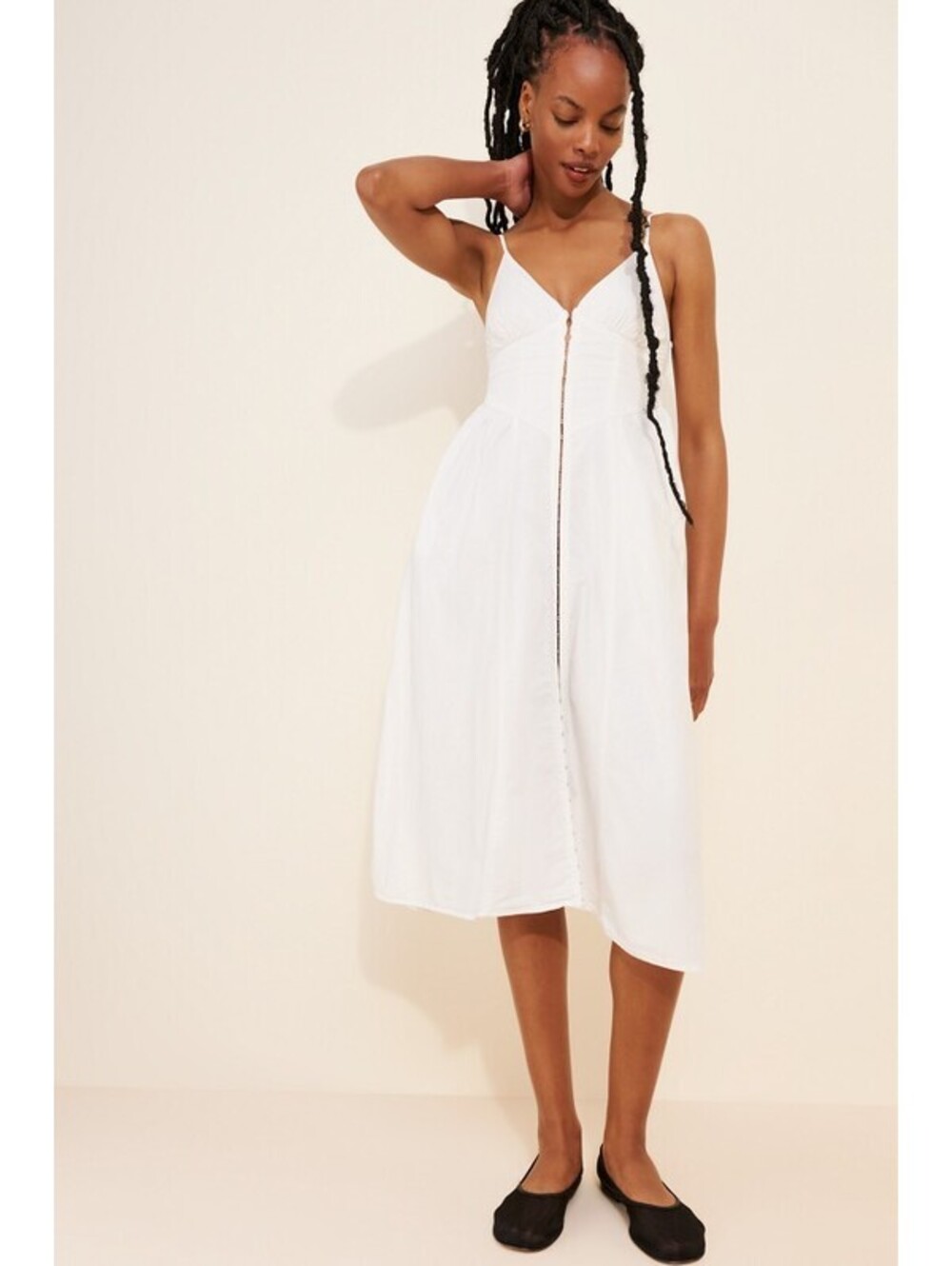 Urban Outfitters - White Button-Front Midi Dress with Spaghetti Straps, Size XL